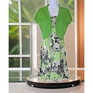 Madison Leigh Midi Sundress 8 Green Black Floral Fit n Flare w/Shrug Built Bra